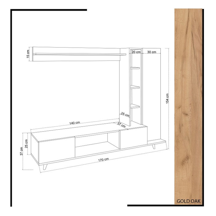 Hanah Home Mueble de TV Roble y Blanco, Tablero de Partículas Recubierto de Melamina, Soporte TV 170cm, Armario 50cm, Estante 140cm